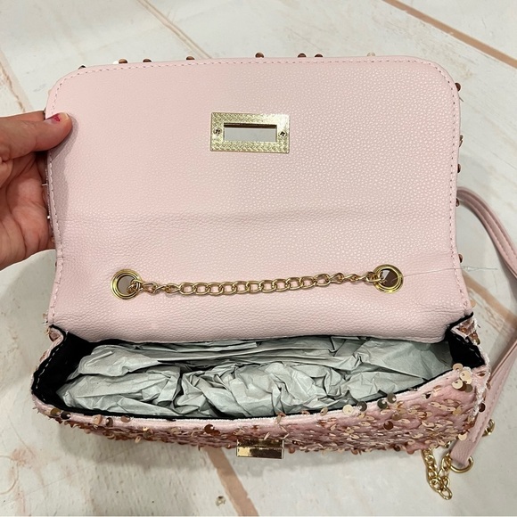 NWT Linea Donna Iridescent Pink Sequin Velour Convertible Crossbody Clutch Bag - Picture 8 of 9